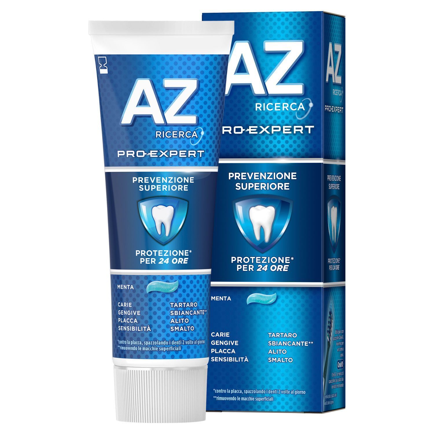 Dentifricio AZ Pro-Expert in tubo e confezione blu, con scritte bianche e simbolo di dente.