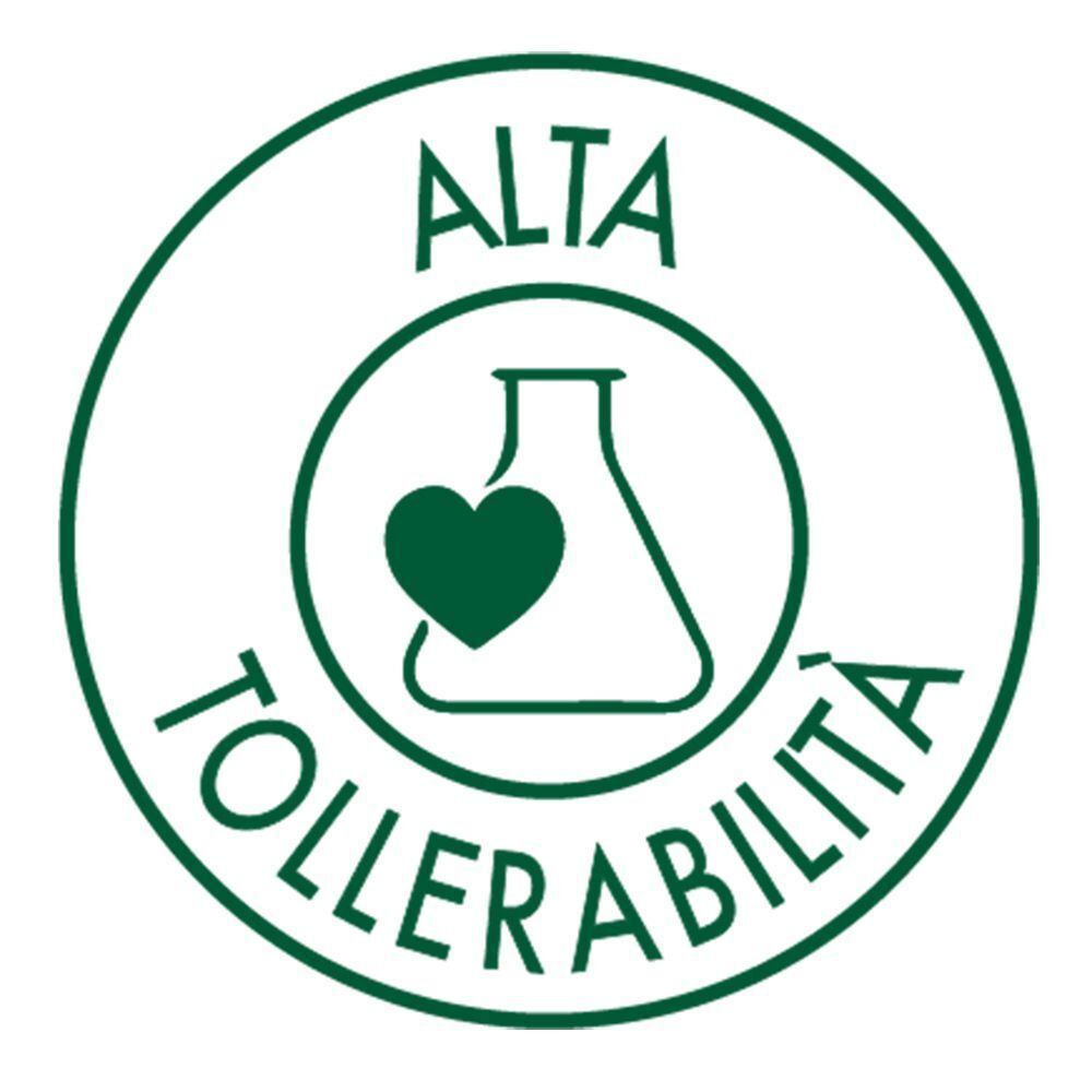 Sigillo verde con cuore e fiala da laboratorio, 'Alta Tollerabilità' indica alta tollerabilità.