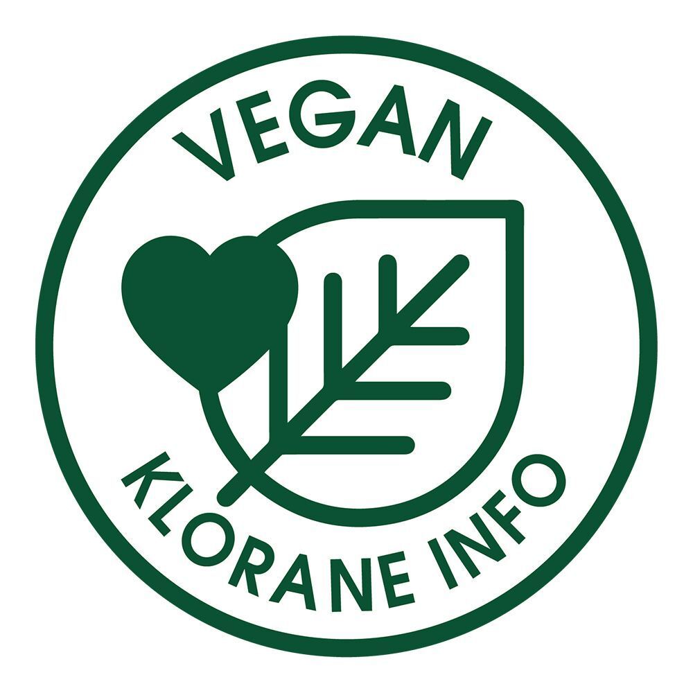 Sigillo verde con foglia, cuore e testo 'VEGAN KLORANE INFO'.