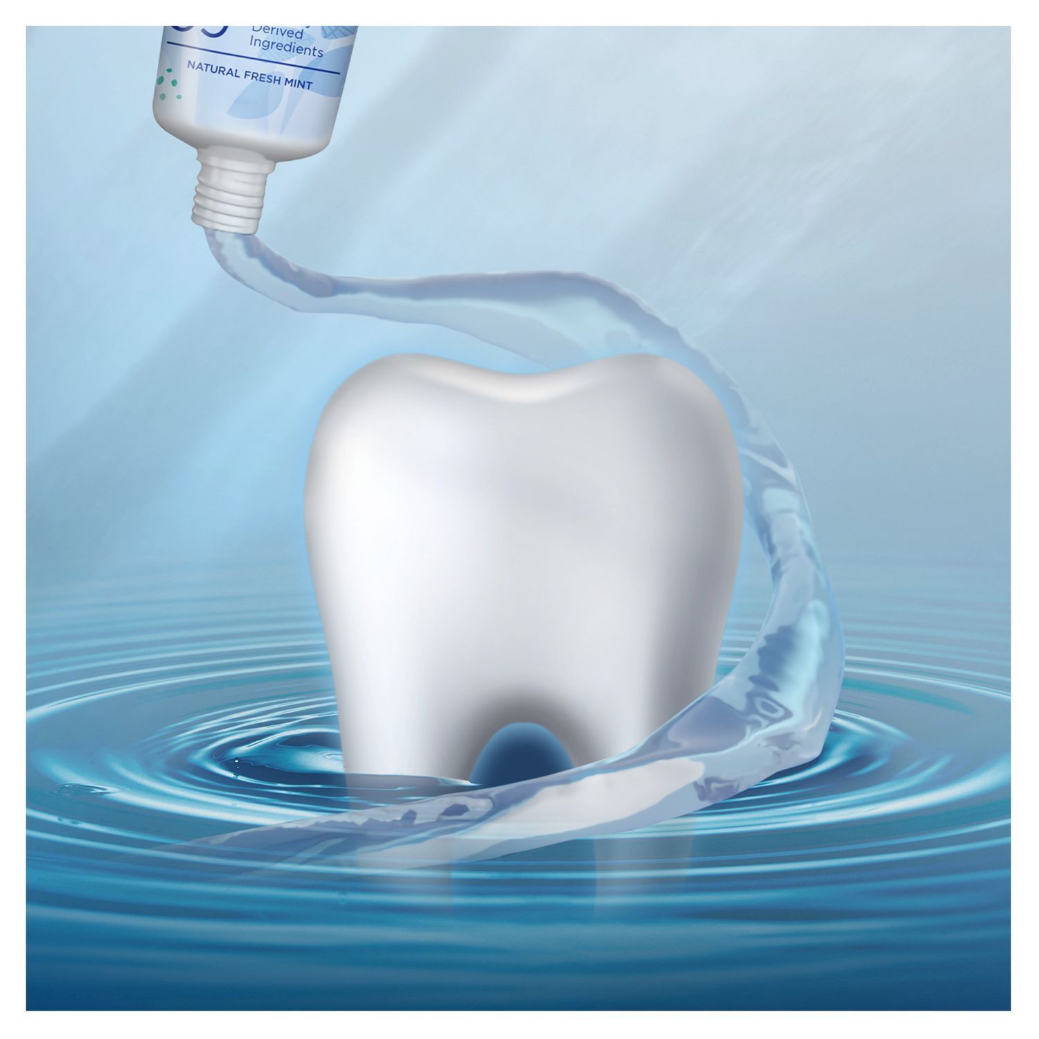 Dente in acqua, circondato da un getto di dentifricio.