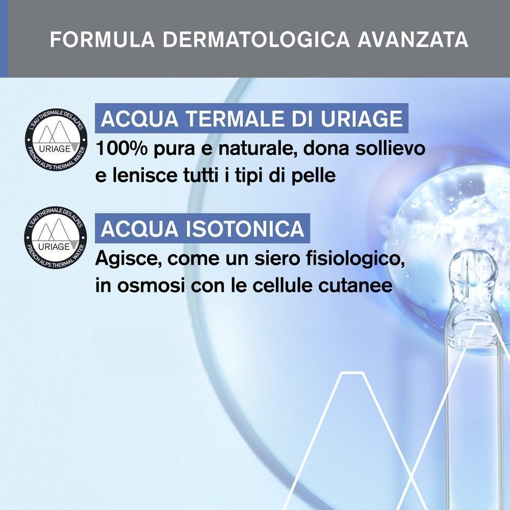 Formula con Acqua Termale di Uriage, isotonica, per pelli sensibili.