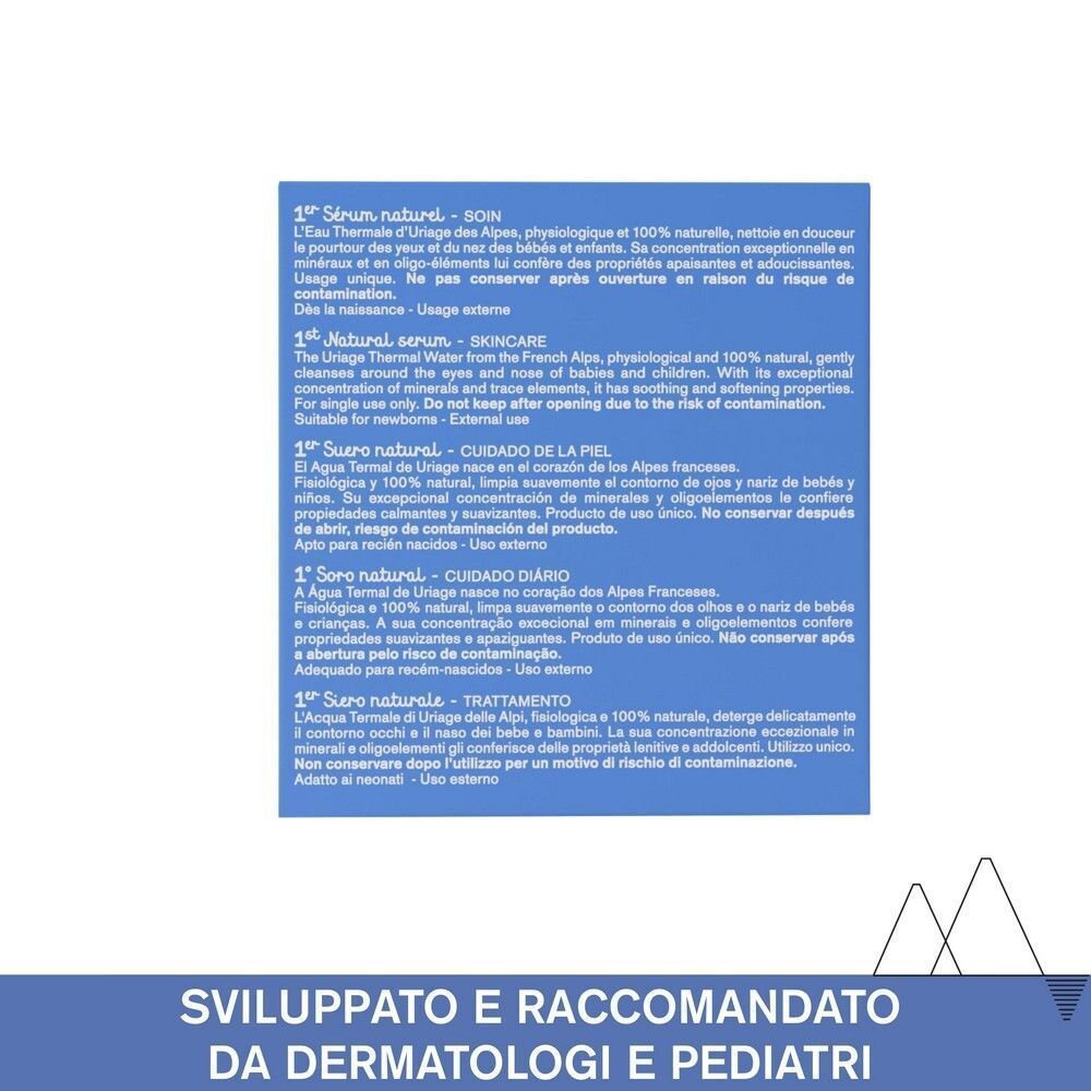 Informazioni sul prodotto e istruzioni per l'uso di soluzione salina fisiologica per neonati.