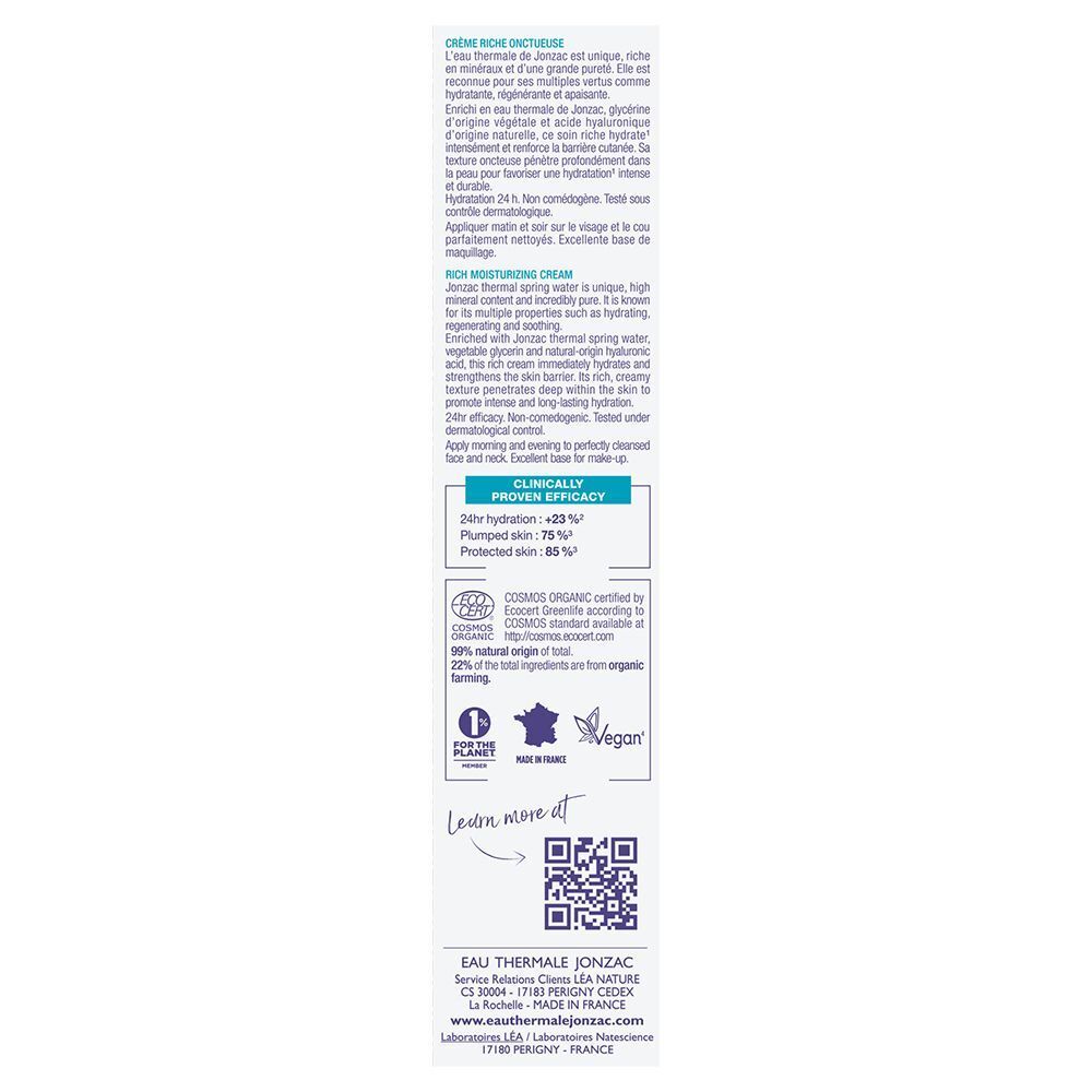 Lato della confezione di crema idratante Eau Thermale Jonzac Rehydrate con certificazioni e codice QR.