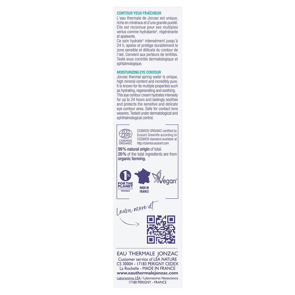 Retro della confezione del trattamento contorno occhi reidratante Eau Thermale Jonzac con certificazioni.