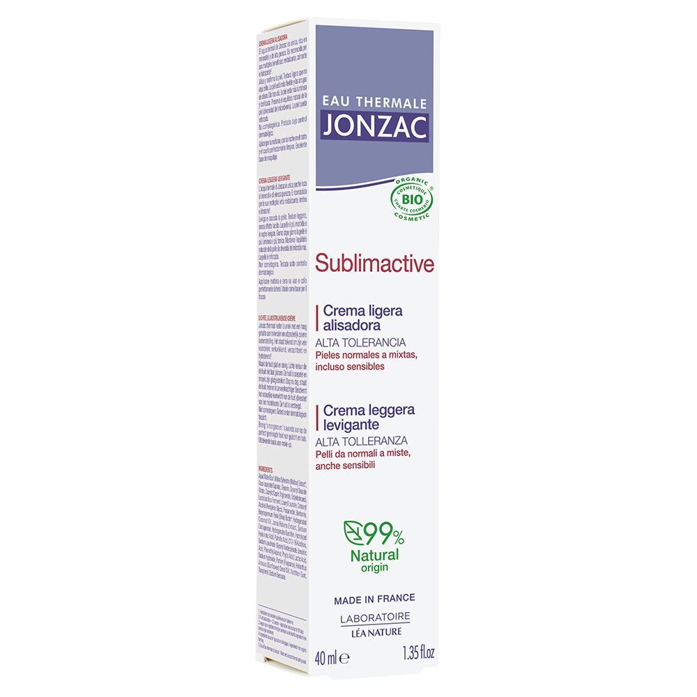Confezione di Crema leggera levigante Sublimactive Eau Thermale Jonzac, 40ml, con sigillo Bio.