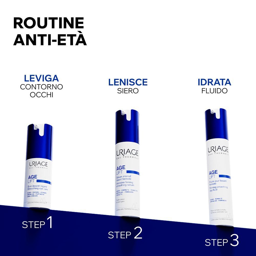 Tre flaconi Uriage Age Lift: contorno occhi, siero, fluido. Step 1, 2, 3.