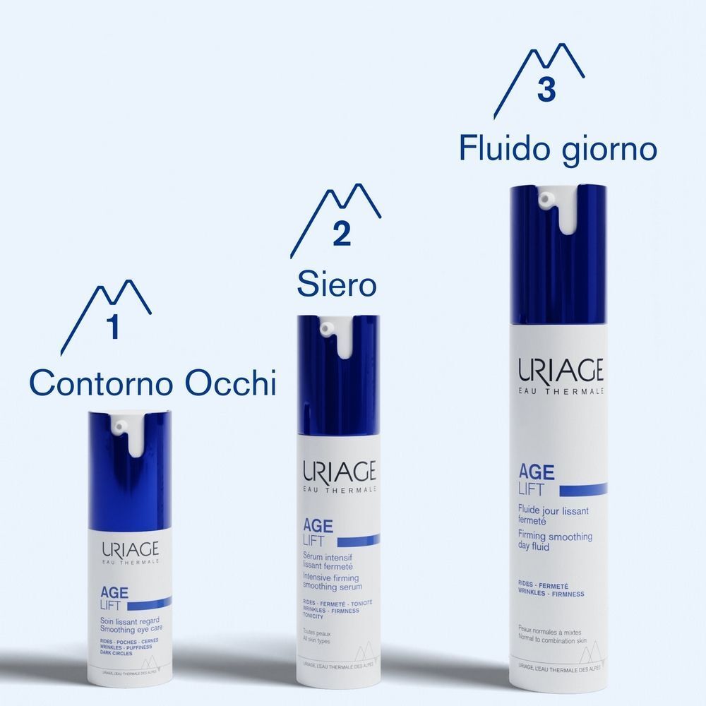Tre flaconi Uriage Age Lift di diverse dimensioni: contorno occhi, siero e fluido giorno.