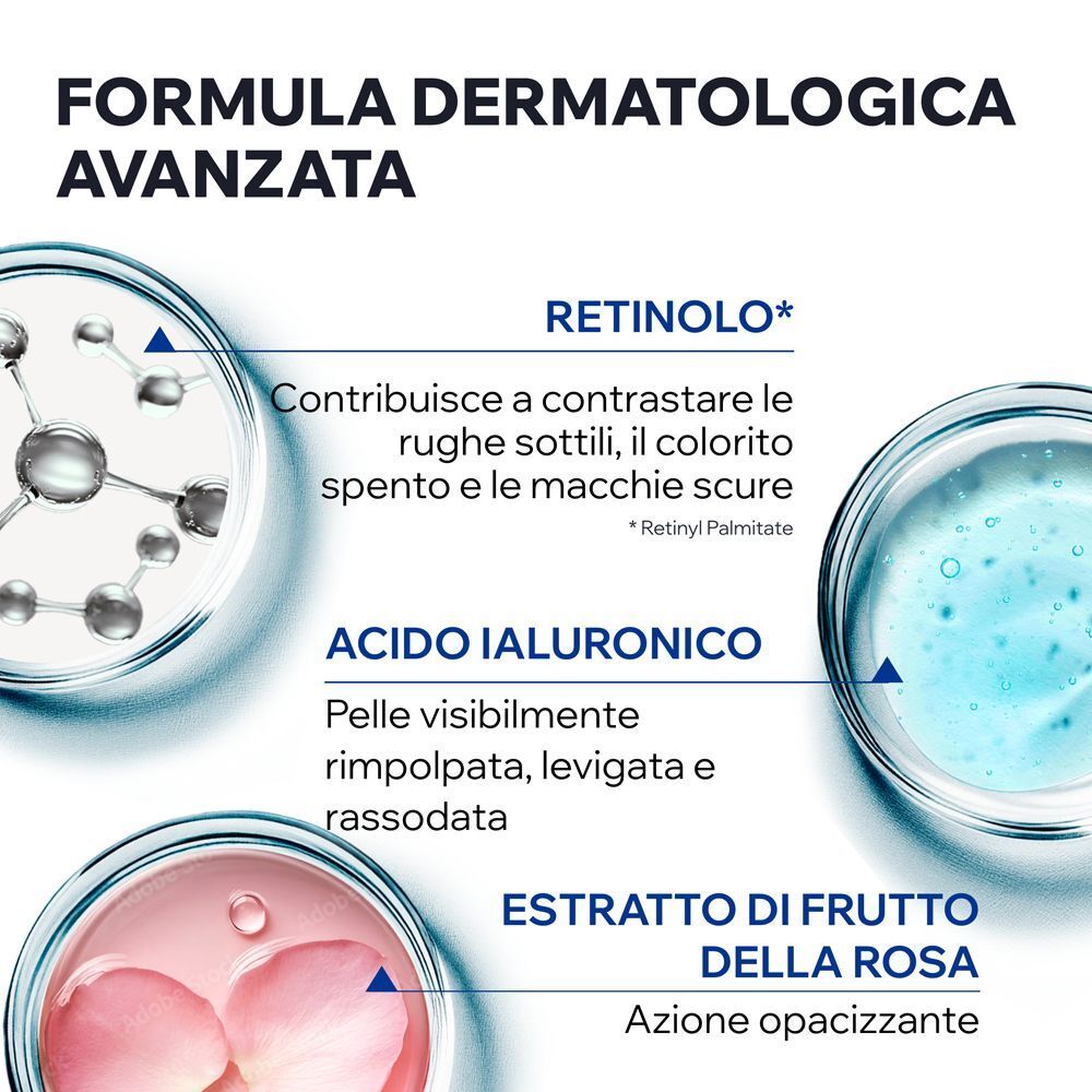 Formula dermatologica avanzata con retinolo, acido ialuronico ed estratto di frutto di rosa.