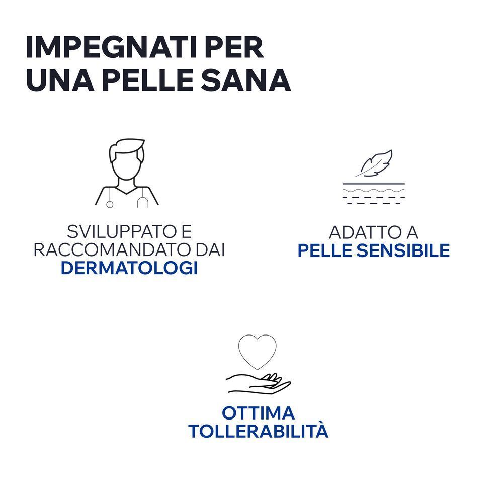 Tre icone: Sviluppato da dermatologi, per pelli sensibili, ottima tollerabilità.