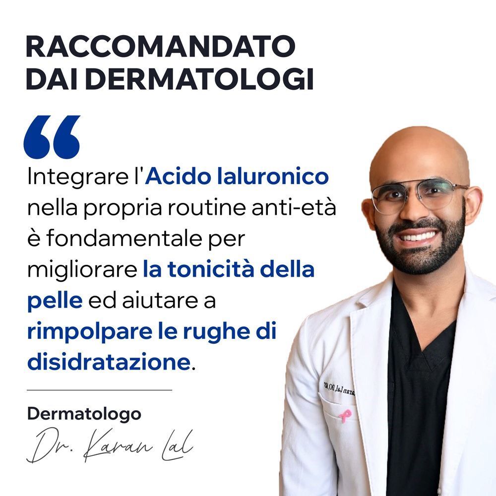 Il dermatologo Dr. Karan Lal raccomanda l'acido ialuronico per la cura anti-età per migliorare la tonicità della pelle.