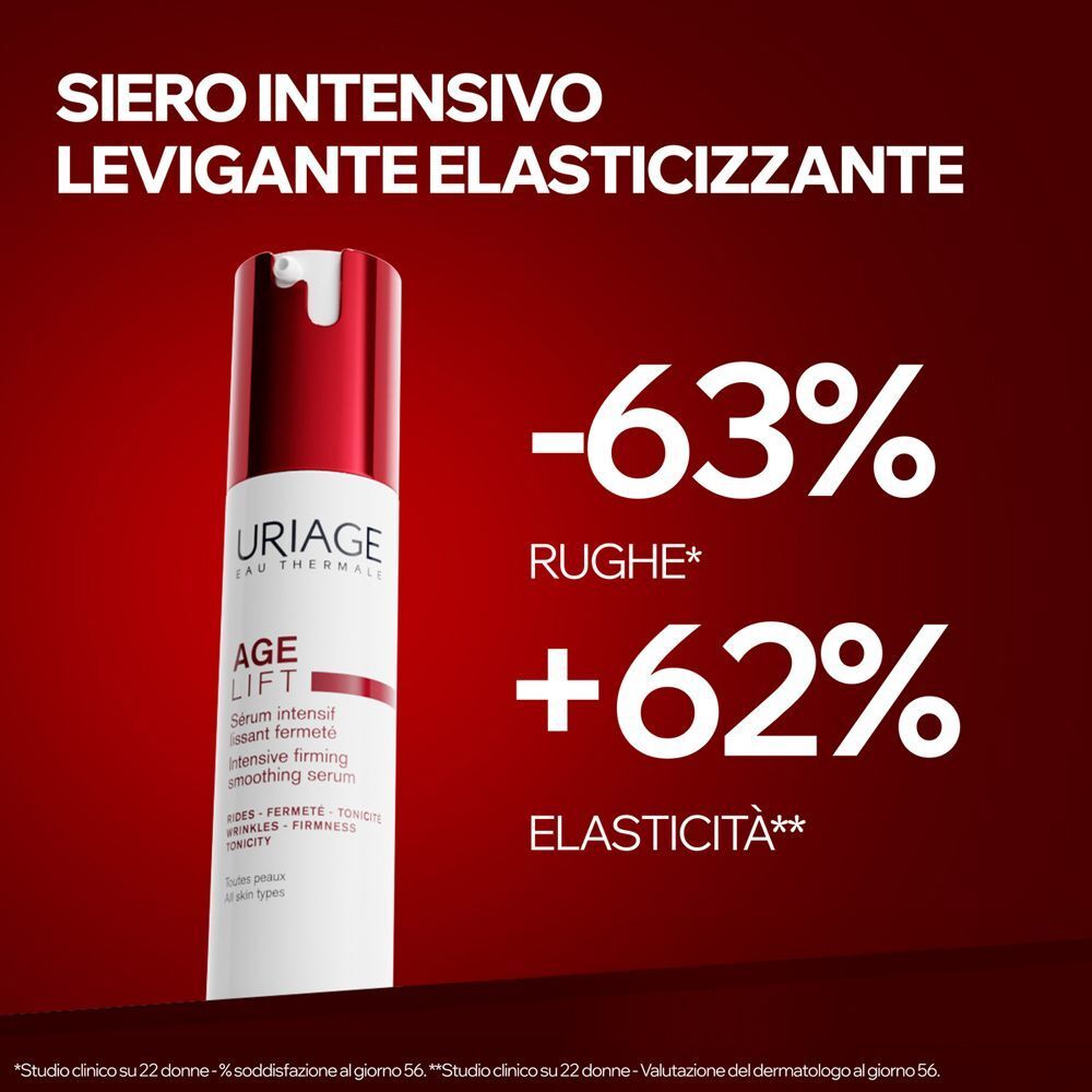 Siero Uriage Age Lift: Flacone rosso e bianco di siero levigante e rassodante. Riduce le rughe del 63%, aumenta l'elasticità del 62%.