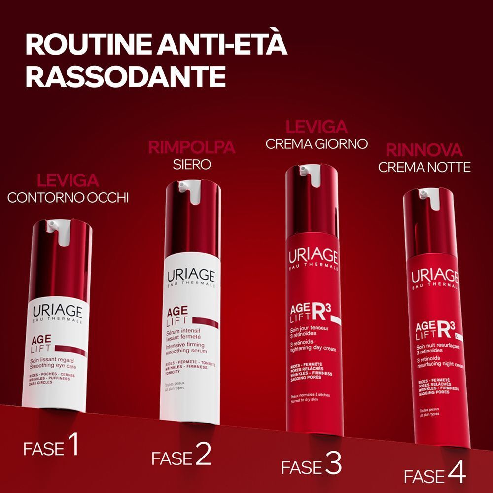 Quattro prodotti Uriage Age Lift: contorno occhi, siero, crema giorno, crema notte.