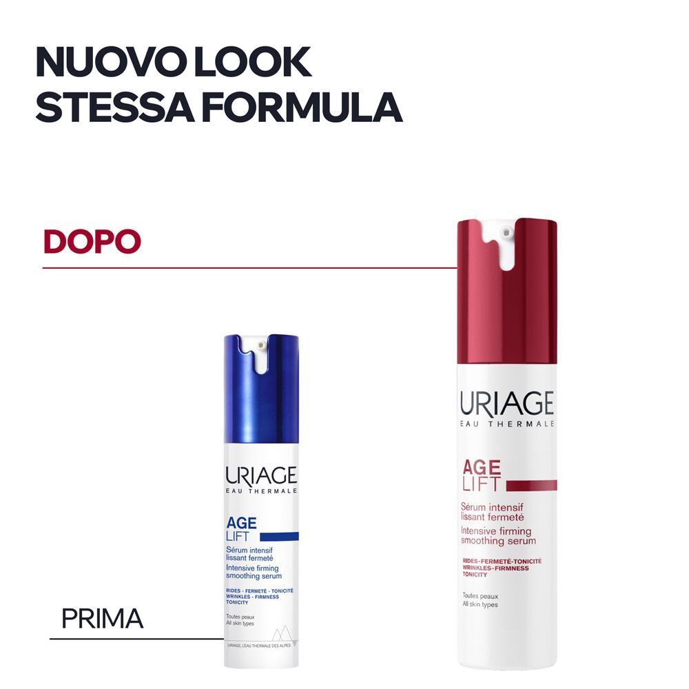 Due flaconi di siero Uriage Age Lift: uno blu e uno rosso, entrambi con erogatore a pompa.