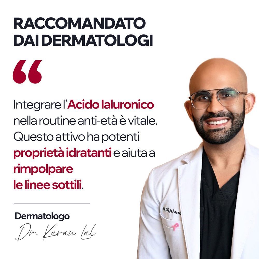 Un dermatologo sorride alla telecamera indossando un camice bianco. Il testo afferma che l'acido ialuronico è importante per l'anti-invecchiamento.