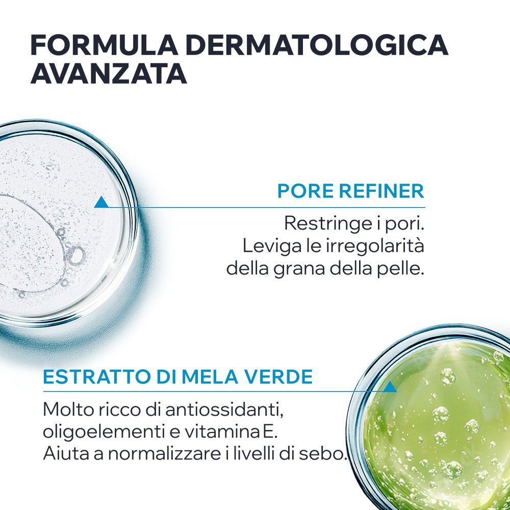 Formula dermatologica avanzata con estratto di mela verde e affinatore pori.