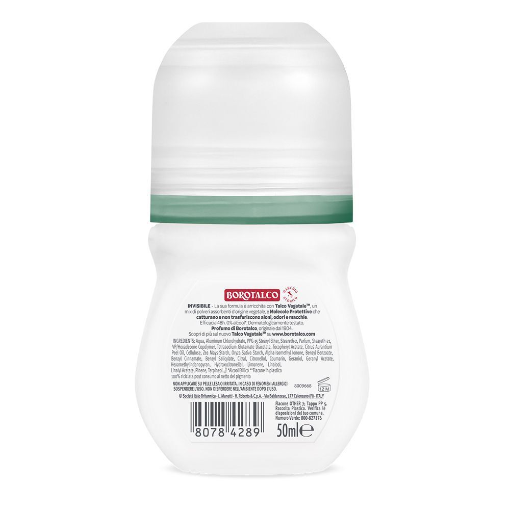 Retro di un deodorante roll-on Borotalco Invisible Verde con informazioni prodotto e indicazione 50ml.