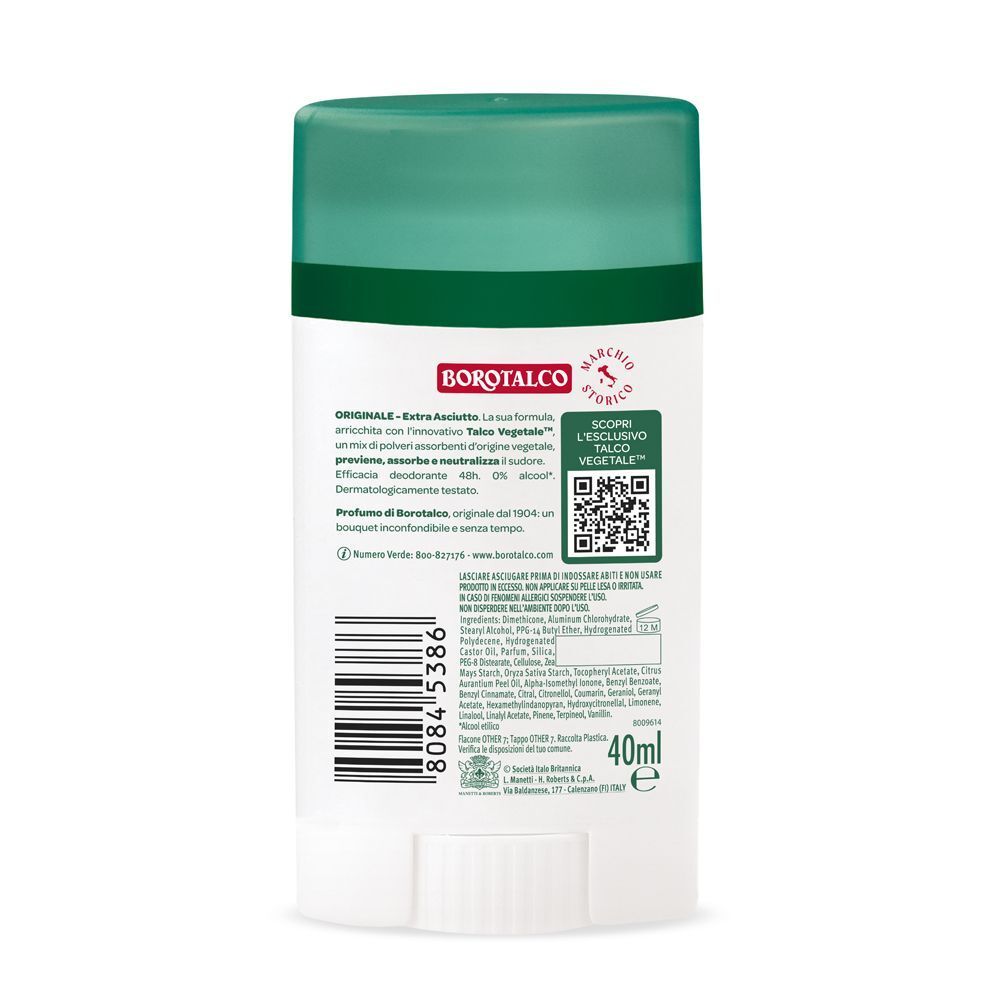 Retro di uno stick deodorante Borotalco Originale con informazioni e codice a barre.