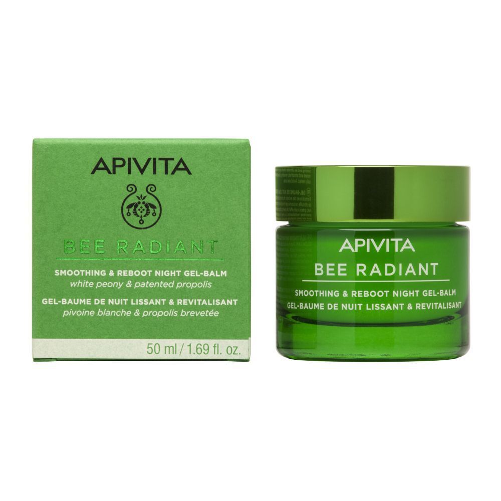 Balsamo-gel notte Apivita Bee Radiant con un erogatore di siero e una crema contorno occhi.