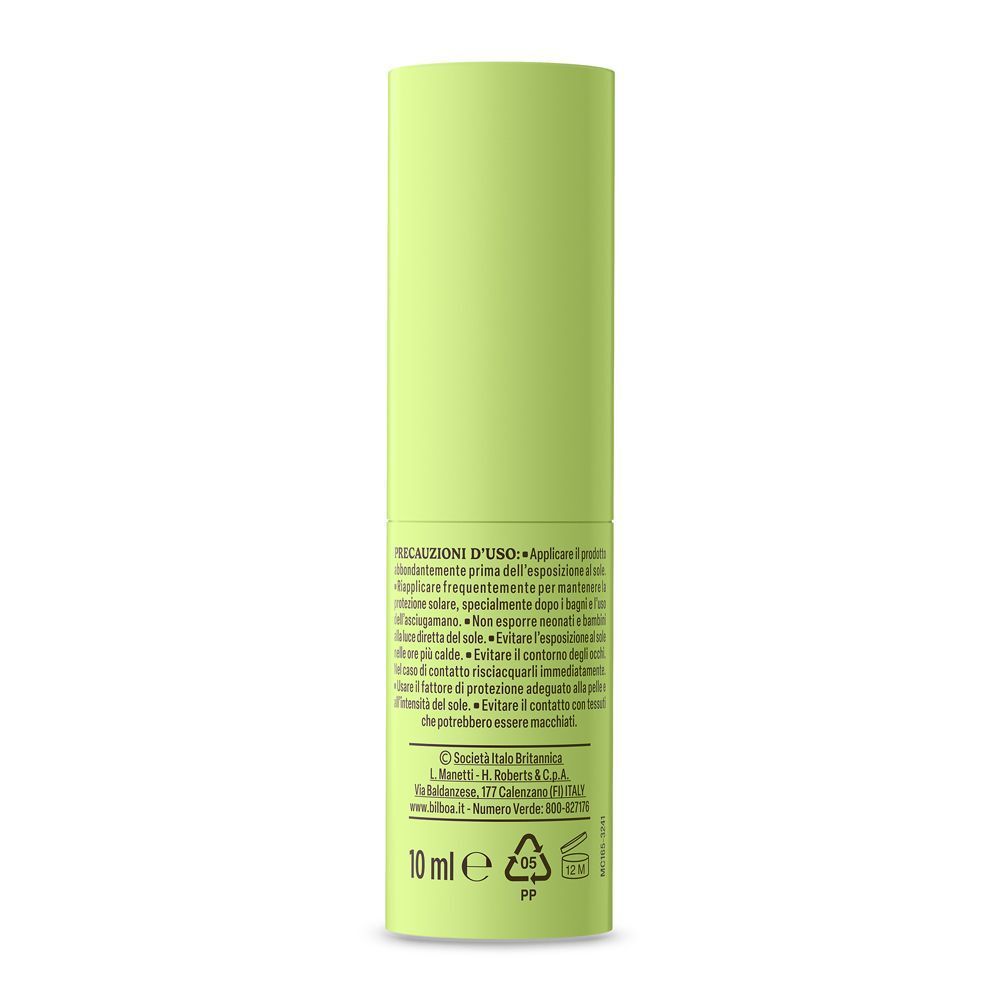 Retro di uno stick solare verde con istruzioni d'uso e indicazione 10 ml.