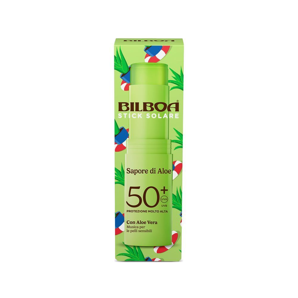 Stick solare Bilboa SPF 50+ con Aloe Vera nella sua confezione a motivo tropicale.