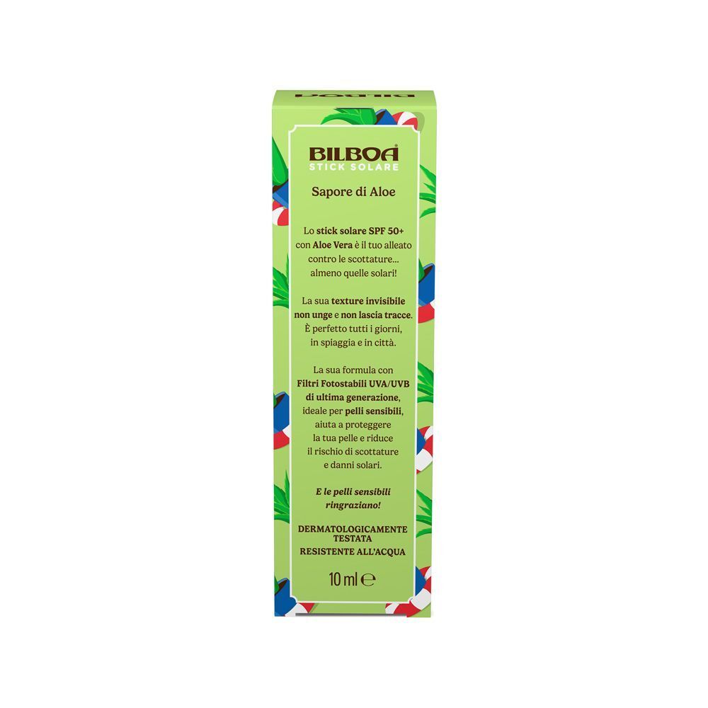 Confezione di uno stick solare Bilboa SPF 50+ con Aloe Vera, fronte con informazioni prodotto.
