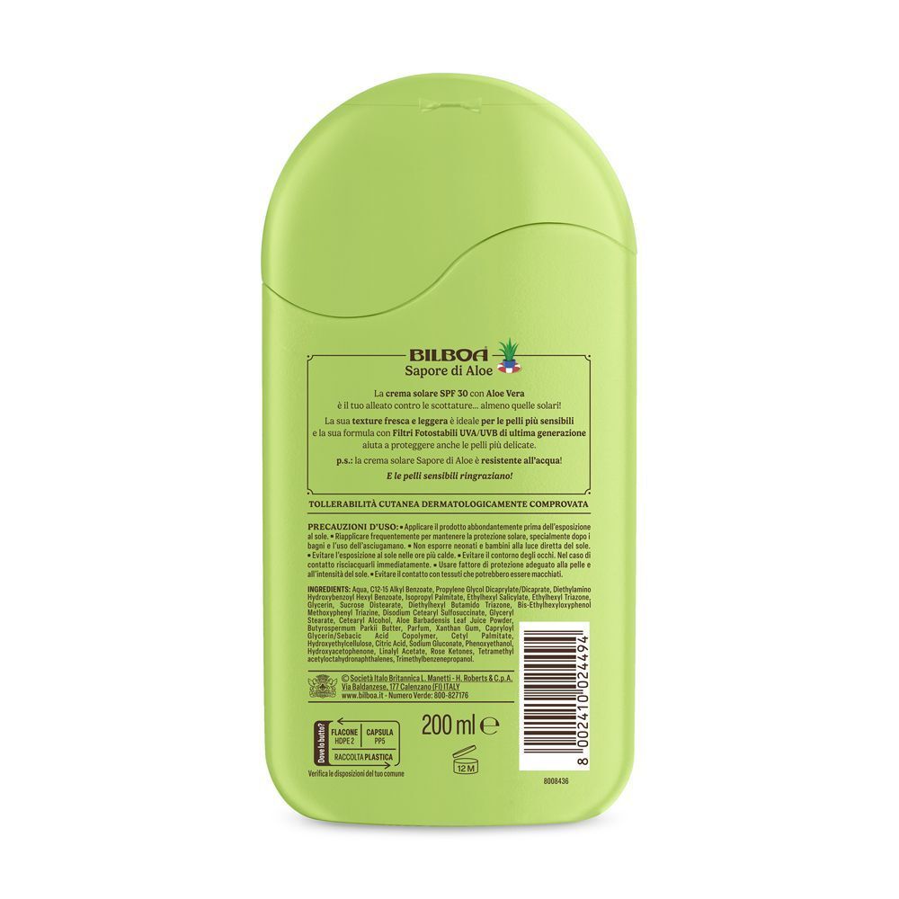 Retro di un flacone Bilboa Sapore di Aloe Latte Solare SPF 30, con ingredienti e indicazione 200 ml.