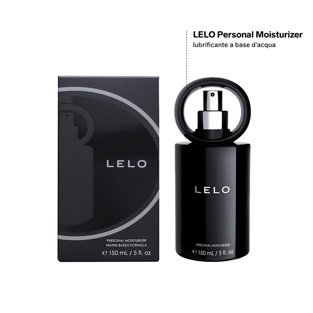 Flacone nero Lelo Personal Moisturizer e confezione, erogatore a pompa visibile.