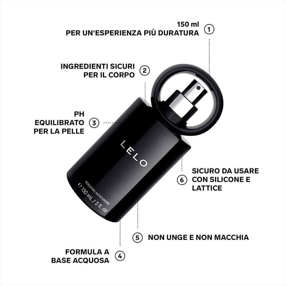 Flacone nero Lelo Personal Moisturizer, 150 ml, con annotazioni sulle caratteristiche.
