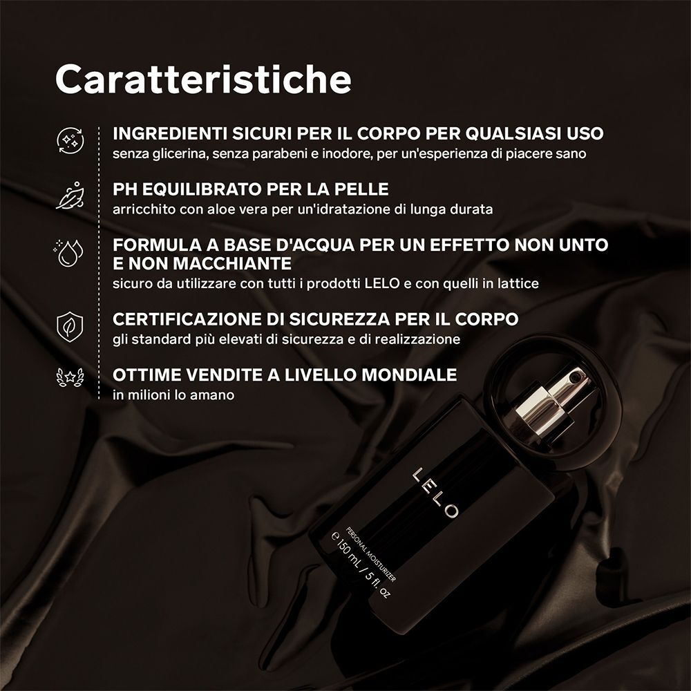 Flacone nero Lelo Personal Moisturizer su tessuto scuro, con elenco delle caratteristiche del prodotto.