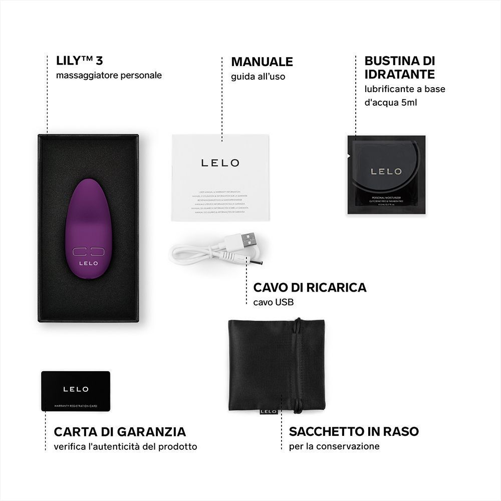 Vibratore viola, cavo di ricarica, manuale, carta di garanzia, sacchetto e salviettina.
