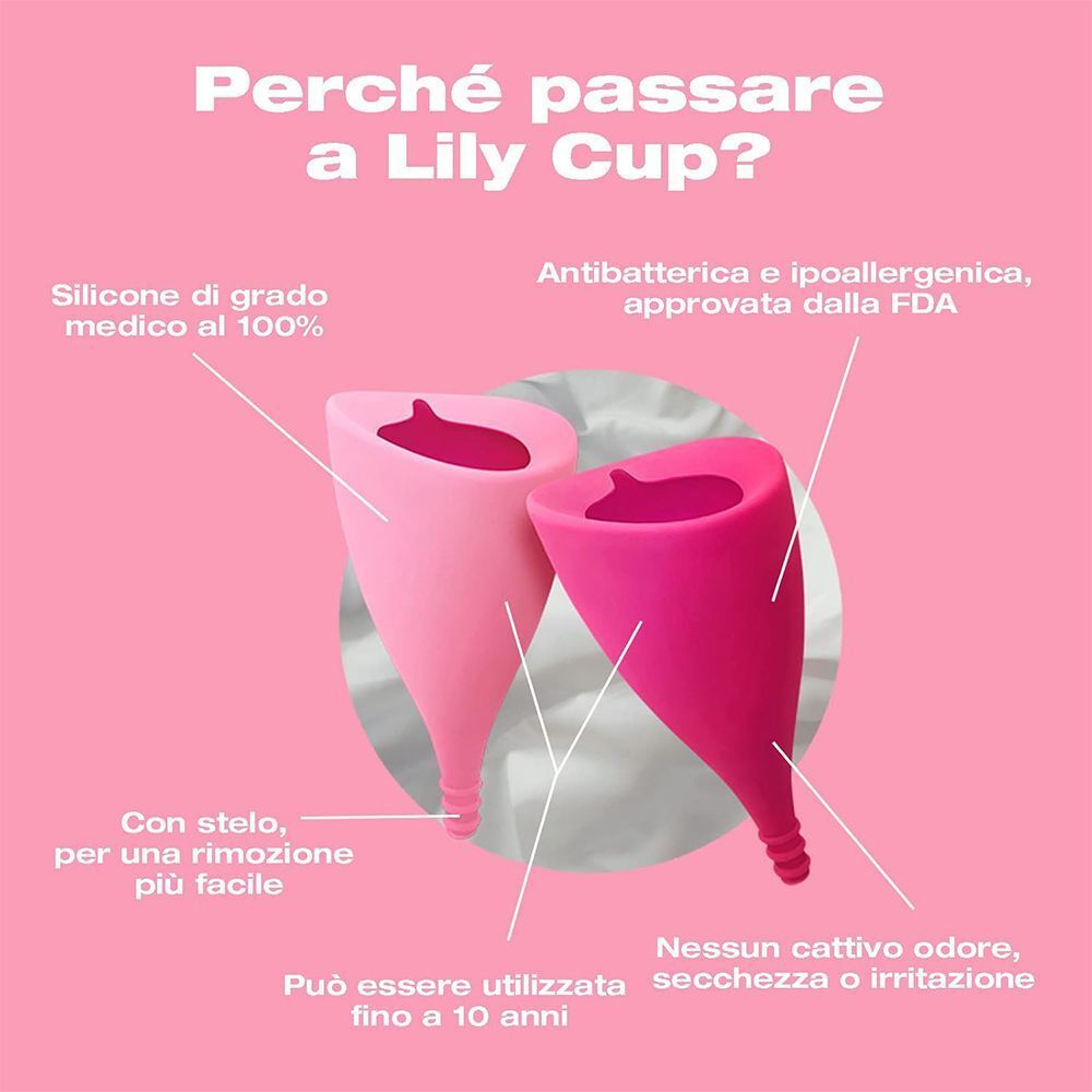 Due coppette mestruali rosa e fucsia con etichette.