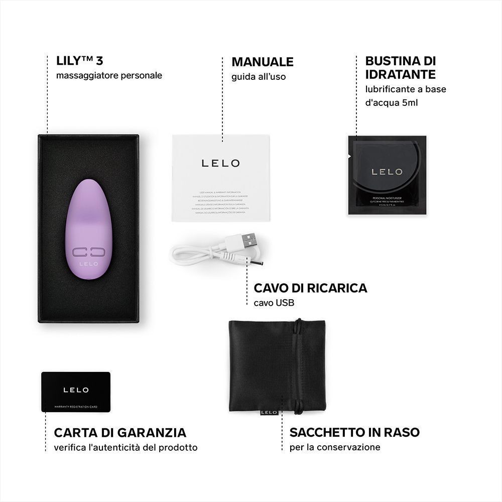 Vibratore viola, cavo di ricarica, manuale, lubrificante e sacchetto in raso nella confezione Lelo.