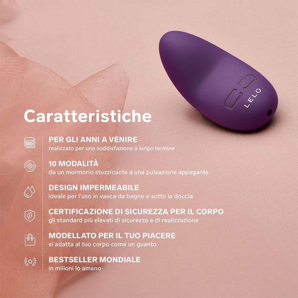 Vibratore viola con panoramica delle caratteristiche: longevità, 10 modalità, impermeabile, sicuro per il corpo, ergonomico, bestseller.