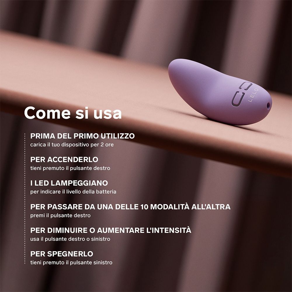 Vibratore viola con istruzioni per il primo utilizzo, accensione/spegnimento e selezione delle modalità.
