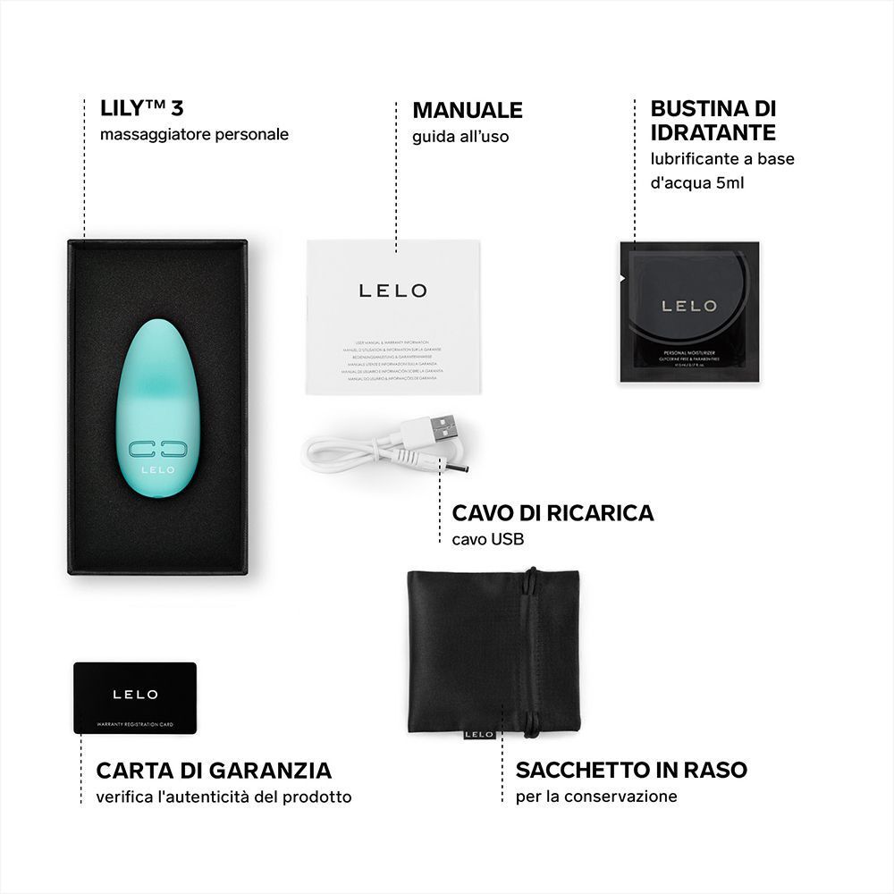 Set LELO Lily 3: vibratore, cavo di ricarica, manuale, carta di garanzia, lubrificante e sacchetto.