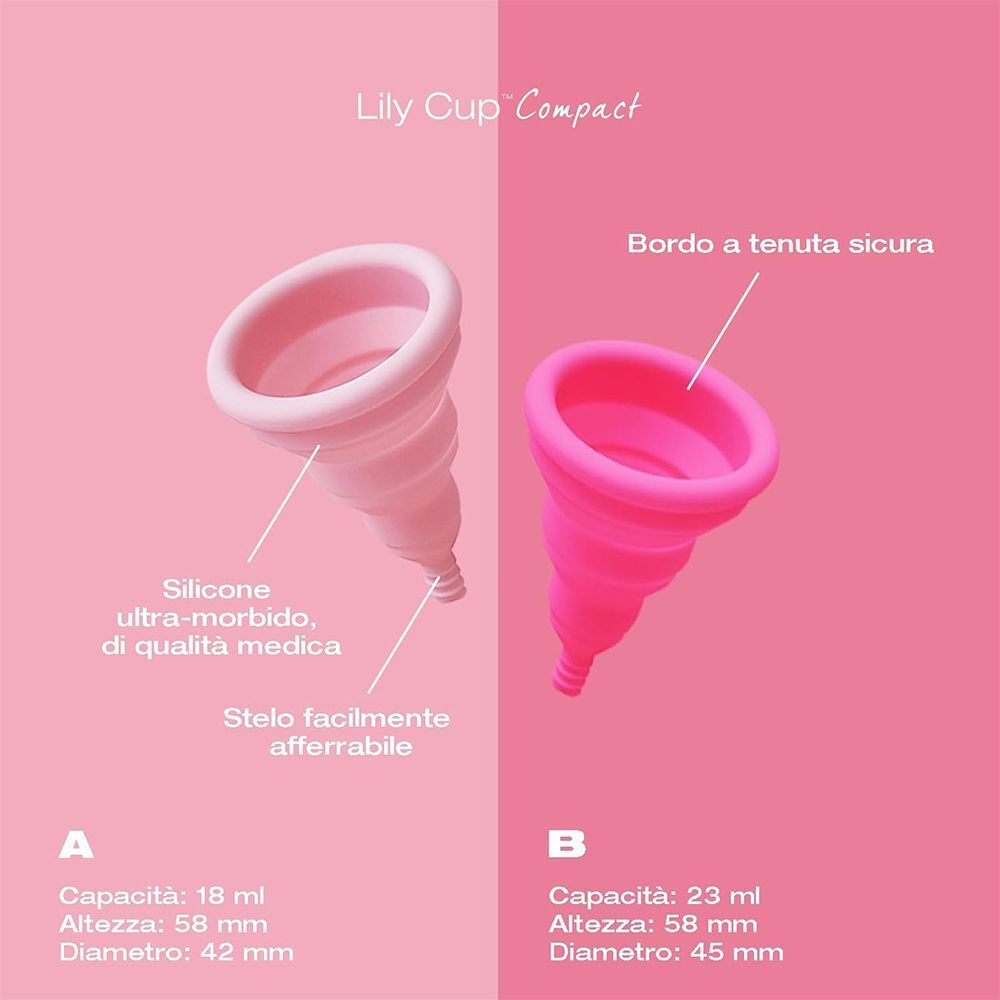 Due coppette mestruali pieghevoli rosa, taglia A e B, con dettagli.