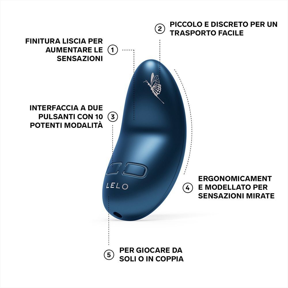 Massaggiatore Lelo Nea3 Piccolo blu con annotazioni per funzioni ed ergonomia.