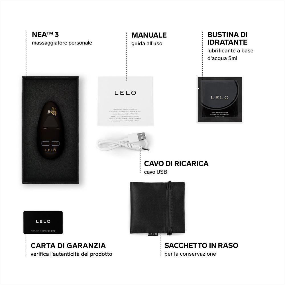 Contenuto della confezione Lelo Nea 3 Piccolo: massaggiatore, cavo di ricarica, manuale, carta di garanzia, sacchetto.