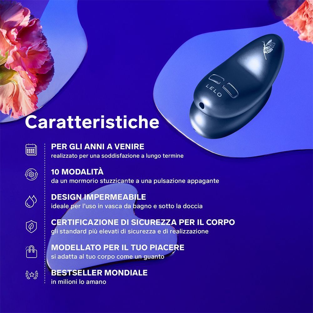 Caratteristiche massaggiatore Lelo Nea 3 Piccolo: 10 modalità, impermeabile, certificazione sicurezza corpo.