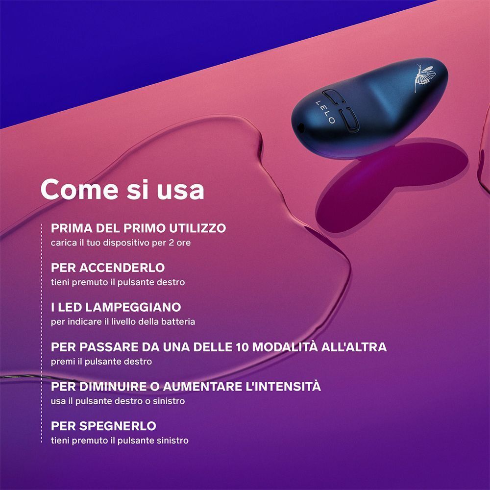 Istruzioni d'uso massaggiatore Lelo Nea 3 Piccolo: ricarica, accensione/spegnimento, cambio modalità.