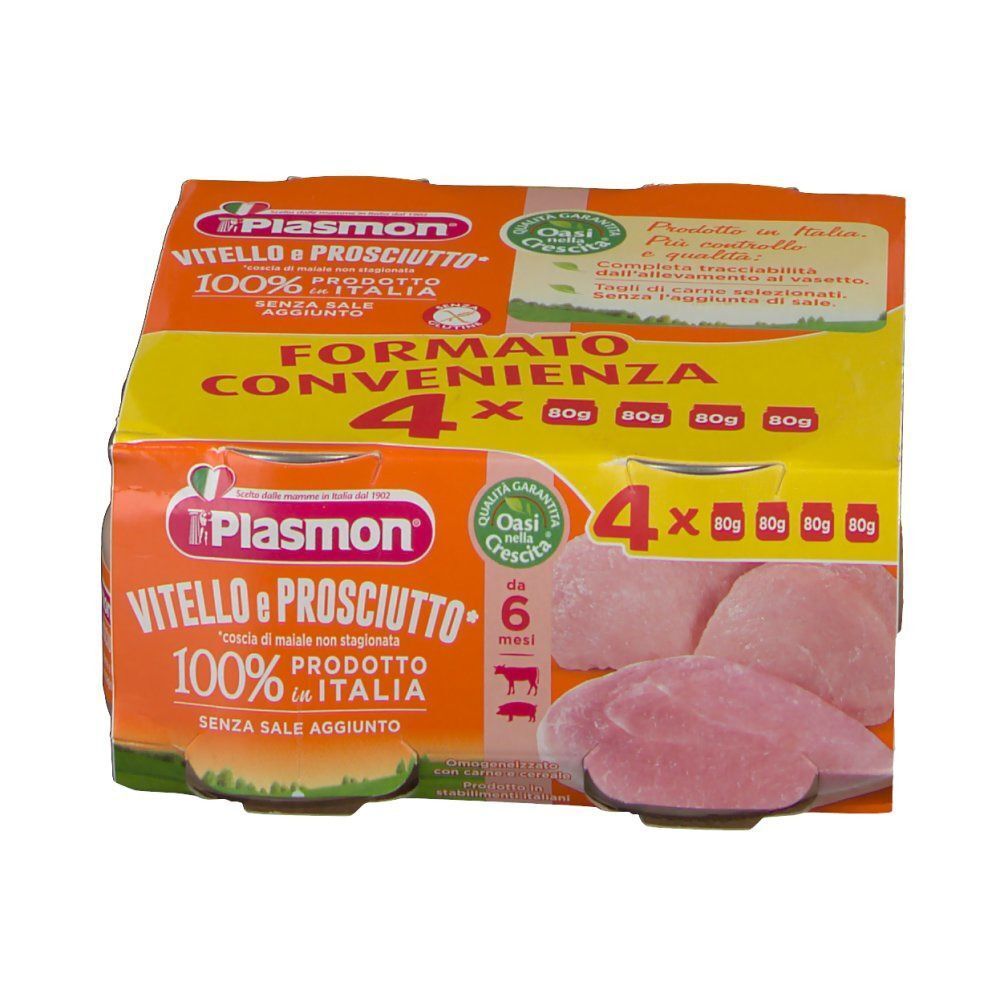 Plasmon Vitello e Prosciutto per neonati, 4 vasetti, con immagine di prosciutto.