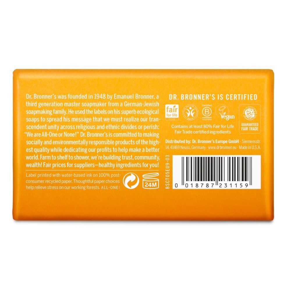 Retro di una confezione di sapone solido biologico Dr. Bronner's Agrumi con certificazioni.