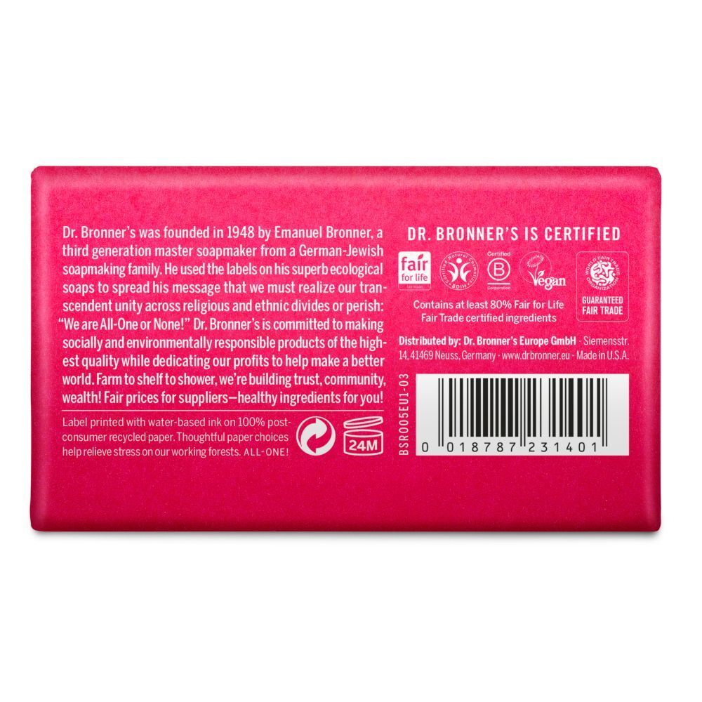Retro di una confezione di sapone Dr. Bronner's All-One Rose Castile con certificazioni e codice a barre.