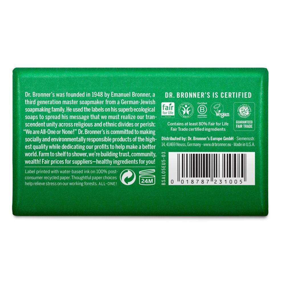 Retro di una confezione di sapone Dr. Bronner's All-One Almond Pure-Castile Bar Soap con certificazioni e codice a barre.