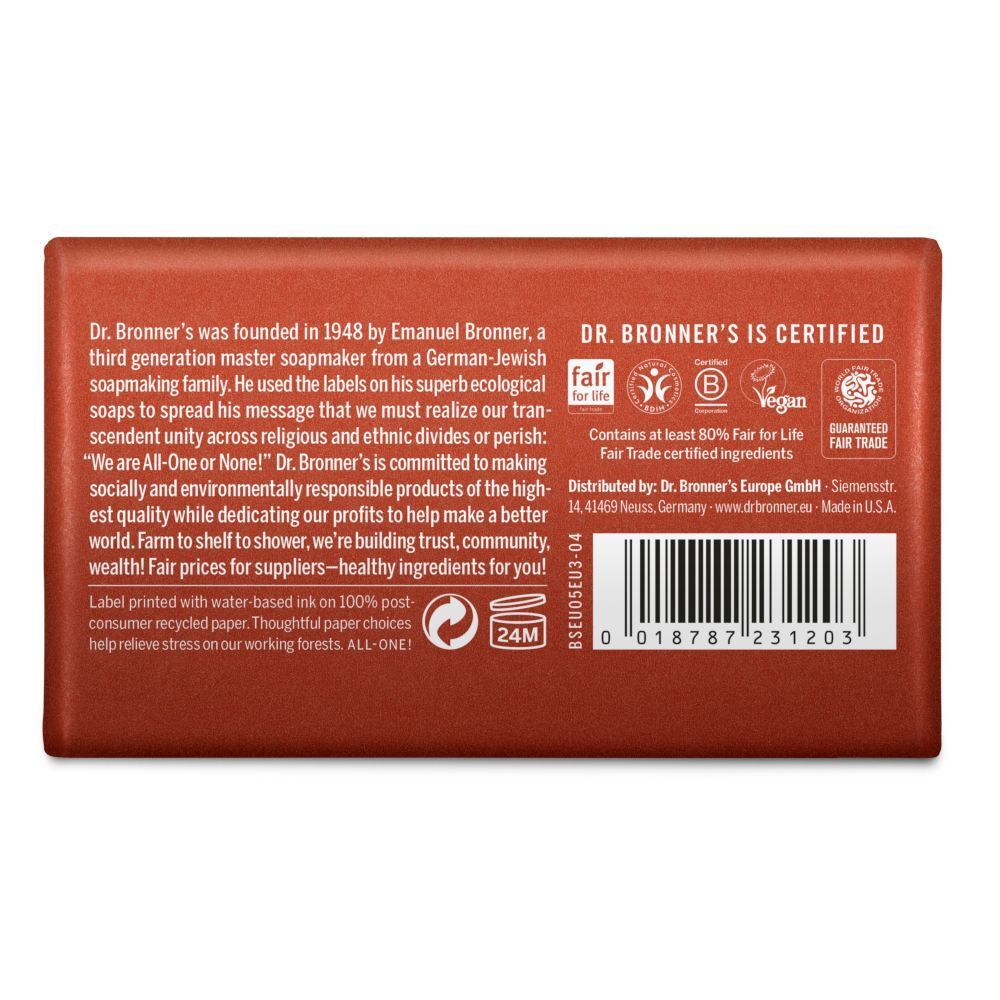 Retro di una confezione di sapone Dr. Bronner's All-One Eucalyptus Pure-Castile con certificazioni e codice a barre.