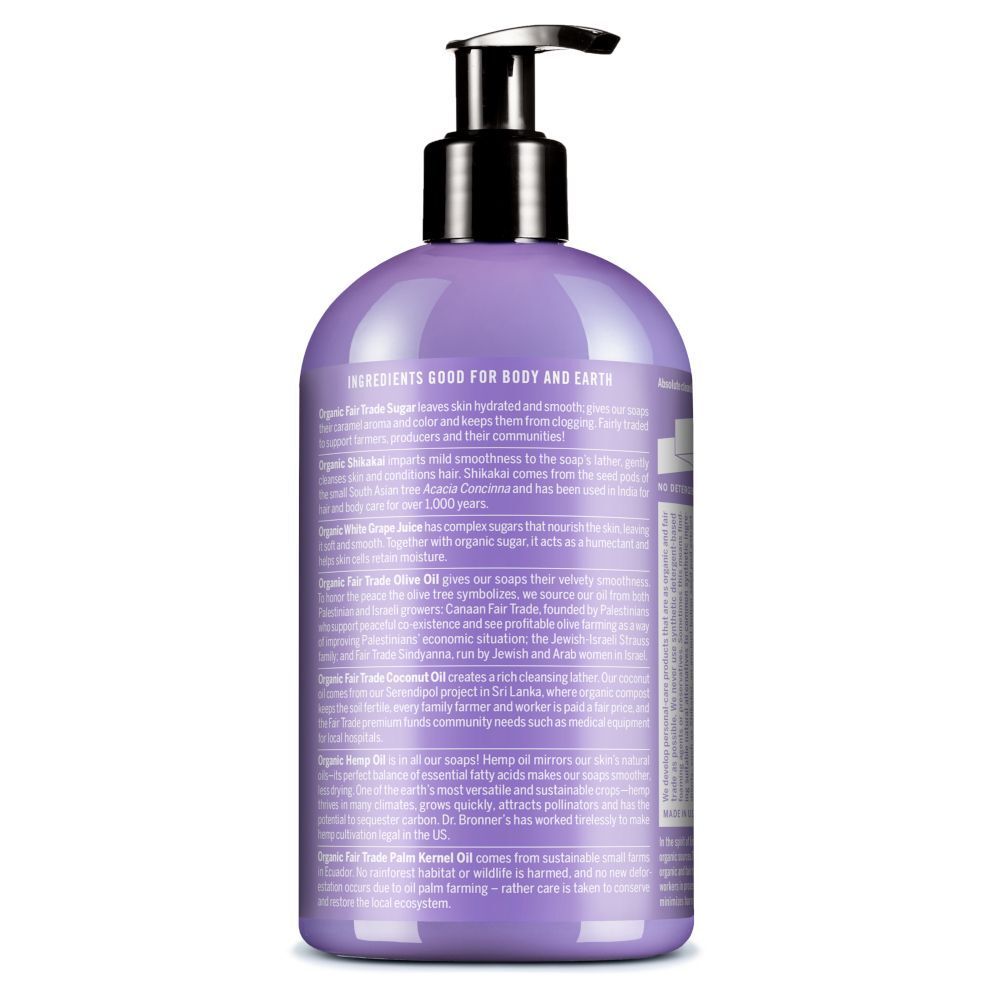 Retro di un flacone di sapone biologico allo zucchero Dr. Bronner's Lavanda con elenco ingredienti.