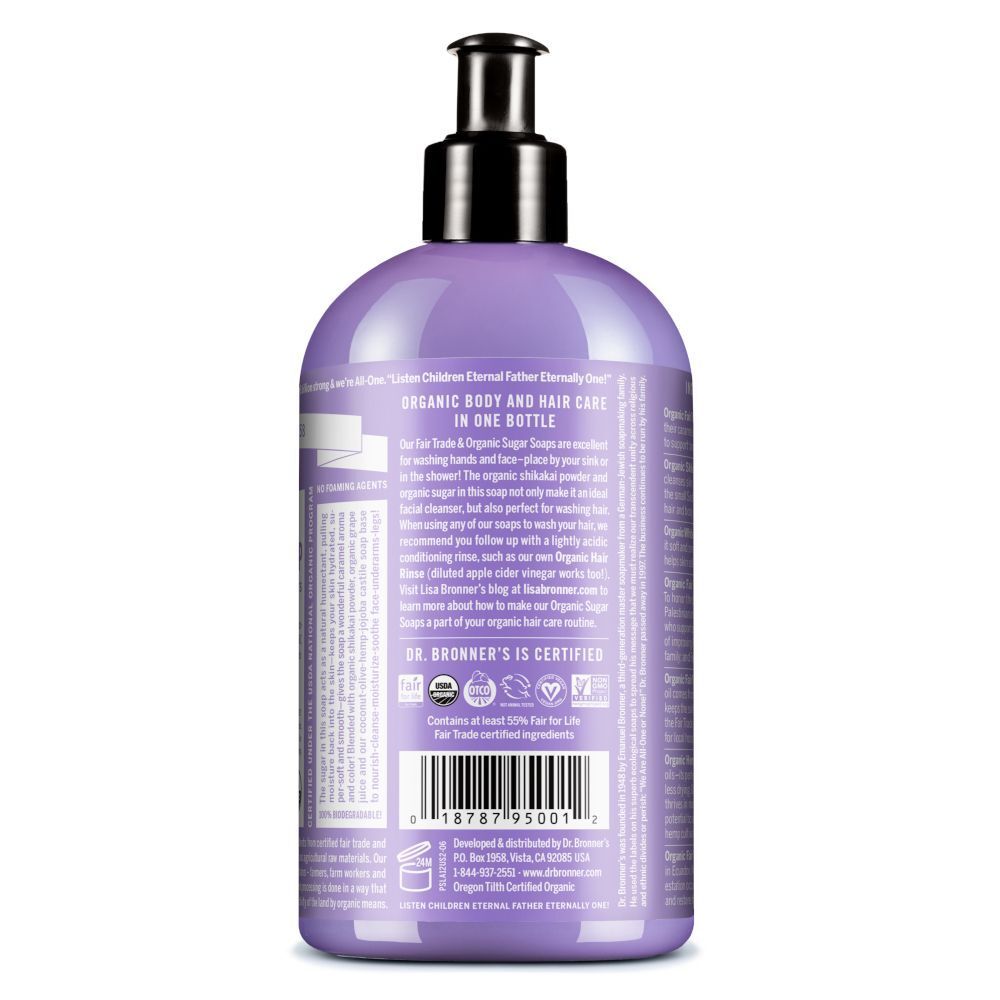 Retro di un flacone di sapone biologico allo zucchero Dr. Bronner's Lavanda con etichetta e codice a barre.