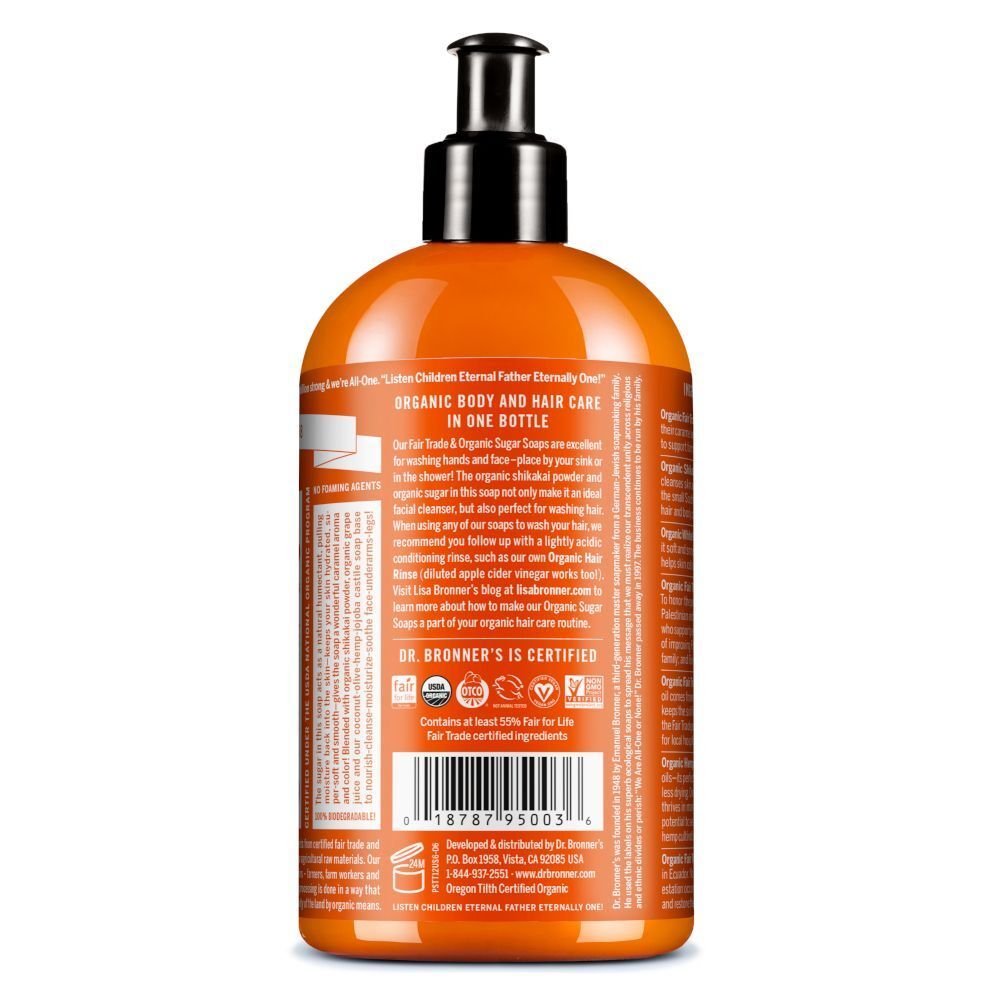 Retro di un flacone pompa arancione di sapone biologico allo zucchero Dr. Bronner's Tea Tree con etichetta.