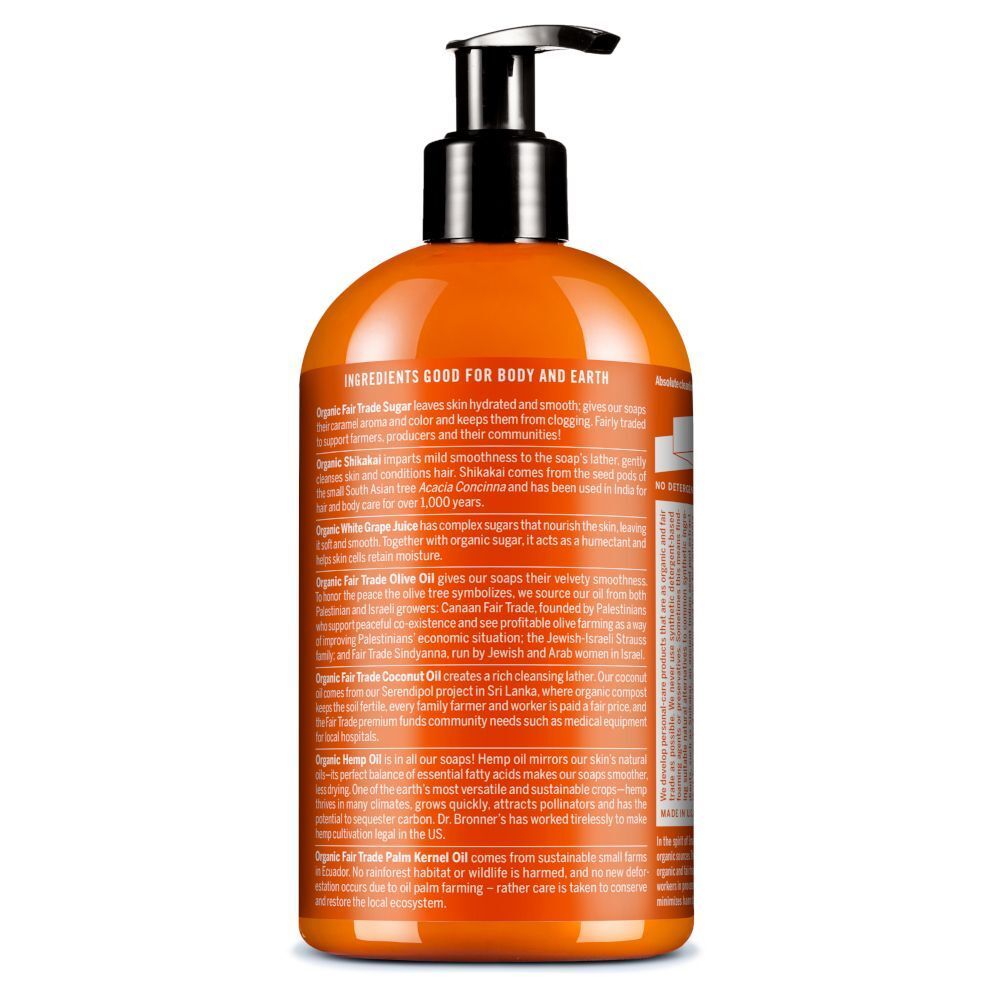 Retro di un flacone di sapone biologico allo zucchero Dr. Bronner's Tea Tree con ingredienti dettagliati e certificazioni.
