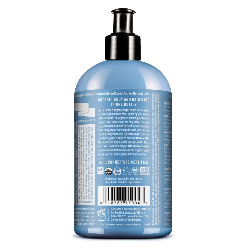 Retro di un flacone di sapone biologico allo zucchero Dr. Bronner's Baby-Mild con etichetta e codice a barre.